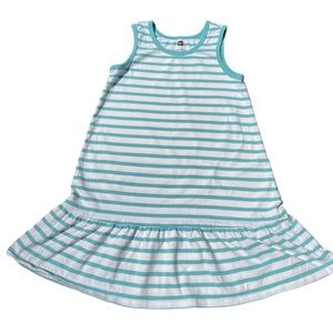 TEA COLLECTION: Aqua Blue/White Stripe Tank Dress with Ruffle Bottom, Size 6